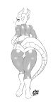  anthro big_butt blush bodbloat_(character) bodysuit bulge butt clothed clothing dragon enjoipandas eyelashes feet girly greyscale horn looking_back makeup male mascara monochrome scalie simple_background skinsuit solo standing thick_thighs tight_clothing white_background wide_hips 