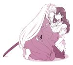  1girl animal_ears barefoot blush closed_eyes dog_ears greyscale hair_between_eyes hakama hands_on_another's_arms haori higurashi_kagome imminent_kiss inuyasha inuyasha_(character) japanese_clothes kneeling long_hair monochrome motobi_(mtb_umk) sword weapon white_background wide_sleeves 