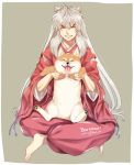  2017 animal_ears barefoot border closed_eyes commentary_request dated dog dog_ears hair_between_eyes hakama haori indian_style inuyasha inuyasha_(character) japanese_clothes long_hair motobi_(mtb_umk) shiba_inu sitting smile solo tan_background twitter_username white_border white_hair 