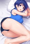  armpits ass bangs bare_arms bare_shoulders bed bed_sheet blue_eyes blue_hair blue_shirt blue_shorts blush breasts commentary_request eyebrows_visible_through_hair gym_shorts huyumitsu indoors legs looking_at_viewer lying medium_breasts on_bed on_side open_mouth original panties panty_peek pillow presenting shiny shiny_skin shirt short_hair short_shorts shorts solo sportswear thighs track_and_field track_uniform underwear white_panties 