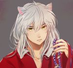  animal_ears commentary_request dog_ears eyebrows_visible_through_hair fingernails grey_background grey_hair hair_between_eyes haori holding_necklace inuyasha inuyasha_(character) japanese_clothes jewelry long_fingernails long_hair looking_at_viewer motobi_(mtb_umk) necklace slit_pupils solo yellow_eyes 