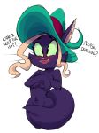  2018 anthro bimm blush breasts cat chest_tuft convenient_censorship covering covering_breasts covering_self dbaru dialogue english_text feline female fur green_sclera hat hi_res lipstick looking_at_viewer magic_user makeup mammal mighty_magiswords navel nude open_mouth purple_fur simple_background solo standing tail_censorship text tuft white_background witch witch_hat 