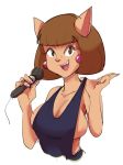  2018 ann_gora anthro breasts brown_eyes brown_hair cat cleavage clothed clothing dbaru ear_piercing fangs feline female fur hair hi_res looking_at_viewer mammal microphone open_mouth piercing portrait short_hair side_boob simple_background smile solo swat_kats tan_fur white_background 
