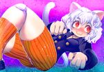  :3 animal_ears ass bangs blue_shirt breasts buttons cat_ears cat_girl cat_tail closed_mouth commentary_request doll_joints eyebrows_visible_through_hair hakkasame hunter_x_hunter long_sleeves neferpitou orange_eyes orange_legwear orange_shorts shirt shorts small_breasts solo striped striped_legwear striped_shorts tail vertical-striped_legwear vertical-striped_shorts vertical_stripes white_hair 