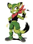  2018 anthro carol_tea clothed clothing feline female fingerless_gloves footwear freedom_planet fur gamesgb gloves green_eyes green_fur mammal midriff scarf shirt shoes shorts simple_background solo tank_top teeth video_games white_background wildcat 