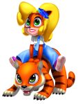  alpha_channel anthro blonde_hair clothing coco_bandicoot crash_bandicoot_(series) duo feline female feral footwear green_eyes hair mammal marsupial pura riding shoes simple_background tiger transparent_background video_games yapwee 