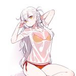  bikini braid breasts chan_co closed_mouth fate/grand_order fate_(series) hand_behind_head hands_up large_breasts long_hair olga_marie_animusphere orange_eyes shirt short_sleeves side-tie_bikini simple_background single_braid sitting solo swimsuit wet wet_clothes wet_shirt white_background 