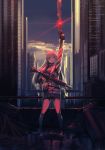  assault_rifle black_legwear building cloud commentary_request eotech firing flare flare_gun girls_frontline gloves gun hair_ornament heckler_&amp;_koch highres hk416 hk416_(girls_frontline) ihobus long_hair no_hat no_headwear rifle ruins silver_hair sky skyscraper solo suppressor tattoo teardrop trigger_discipline weapon 