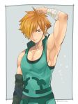  arm_up armpits blush border fate/extra fate_(series) green_eyes grey_background hair_over_one_eye male_focus orange_hair parted_lips pectorals robin_hood_(fate) short_hair simple_background sleeveless sparkle torakichi_(ebitendon) twitter_username 