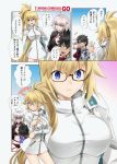  2girls ahoge bikini blonde_hair blood blue_eyes breasts brown_hair bursting_breasts comic commentary_request fate/grand_order fate_(series) fujimaru_ritsuka_(male) jeanne_d'arc_(alter_swimsuit_berserker) jeanne_d'arc_(fate)_(all) jeanne_d'arc_(swimsuit_archer) large_breasts long_hair multiple_girls nosebleed one-piece_swimsuit ponytail shaded_face shirotsumekusa short_hair silver_hair speech_bubble spiked_hair swimsuit tongue tongue_out translation_request whistle yellow_eyes 