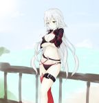  absurdres ahoge balcony beach bikini black_bikini black_choker black_jacket choker cloud cloudy_sky clov3r commentary cropped_jacket fate/grand_order fate_(series) hair_between_eyes highres jacket jeanne_d'arc_(alter_swimsuit_berserker) jeanne_d'arc_(fate)_(all) o-ring o-ring_bikini o-ring_bottom o-ring_top ocean red_legwear silver_hair single_thighhigh sky solo swimsuit thigh_strap thighhighs yellow_eyes 