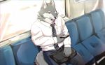  anthro briefcase canine cellphone clothed clothing fully_clothed fur male mammal phone sitting subway suit train unknown_artist vehicle wolf 