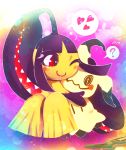  artist_name black_hair blush commentary_request extra_mouth flying_sweatdrops full_body gen_3_pokemon gen_7_pokemon hakkasame heart hug knees_up looking_at_another mawile mimikyu one_eye_closed pink_background pokemon pokemon_(creature) red_eyes sharp_teeth smile spoken_heart spoken_question_mark stick teeth twitter_username 