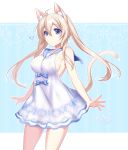  ? animal_ears blonde_hair blue_eyes bow breasts cat_ears cat_tail closed_mouth dated dress eyebrows_visible_through_hair konshin large_breasts long_hair looking_at_viewer original phantasy_star phantasy_star_online_2 sideboob signature solo standing tail twintails white_dress 