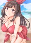  bangs bare_shoulders beach bikini blush bow breasts brown_eyes brown_hair cleavage collarbone commentary_request day hair_bow hips idolmaster idolmaster_shiny_colors kneeling large_breasts long_hair looking_at_viewer ocean open_mouth ponytail red_bikini red_bow sarong sky smile solo sumice swept_bangs swimsuit thighs tsukioka_kogane 