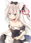  :t animal_ears azur_lane bangs bare_shoulders black_bow black_dress blue_eyes blush bow breasts cat_ears choker closed_mouth collarbone commentary_request detached_sleeves dress eyebrows_visible_through_hair hair_between_eyes hair_bow hair_ribbon hammann_(azur_lane) long_hair looking_at_viewer midorikawa_you one_side_up pout puffy_short_sleeves puffy_sleeves red_choker red_ribbon remodel_(azur_lane) ribbon short_sleeves sidelocks silver_hair simple_background small_breasts solo strapless strapless_dress very_long_hair white_background wrist_cuffs 