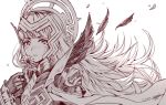 armor commentary crown dated feathers fire_emblem fire_emblem_heroes flower gloves greyscale hair_ornament holding holding_flower long_hair monochrome parted_lips petals shoulder_armor signature simple_background solo veronica_(fire_emblem) wani_(fadgrith) white_background 