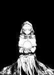  black_background clasp commentary_request demon's_souls dress eyebrows eyelashes glowing greyscale hands_together high_contrast highres holding hood madotukitoponiko maiden_astraea medium_hair monochrome robe rock simple_background sitting solo soul souls_(from_software) straight_hair white_dress white_robe 