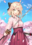  ahoge bangs black_bow blonde_hair blue_sky blush bow breasts cherry_blossoms commentary_request day fate/grand_order fate_(series) hair_between_eyes hair_bow half_updo highres japanese_clothes katana kimono koha-ace looking_at_viewer momoko_(momopoco) okita_souji_(fate) okita_souji_(fate)_(all) open_mouth petals pink_kimono sash sheath short_kimono sky small_breasts smile solo sword weapon wide_sleeves yellow_eyes 