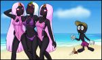  2018 5_fingers alien beach black_skin blue_eyes breasts cleavage clothed clothing duck_dodgers eyes_closed female hair hi_res humanoid long_hair looney_tunes marvin_the_martian navel not_furry pink_hair queen_tyr&#039;ahnee relatedguy seaside sweat swimsuit walking warner_brothers white_hair 