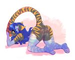  2018 all_fours anthro balls black_tiger blue_hair butt clothed clothing crossdressing cum cum_on_butt digital_media_(artwork) enjoipandas erection feline girly hair kazy_(kaze87) legwear lingerie long_hair looking_at_viewer looking_back male mammal open_mouth penis pinup pose presenting presenting_hindquarters simple_background skimpy smile solo stockings tiger topless 