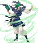  baggy_pants belt blue_headband blue_scarf book casting_spell collar collarbone commentary energy feathers fire_emblem fire_emblem:_seisen_no_keifu fire_emblem_heroes full_body green_eyes green_hair headband highres holding holding_book levin_(fire_emblem) lips male_focus medium_hair official_art open_mouth pants scarf solo striped striped_headband striped_scarf suda_ayaka teeth transparent_background visible_air white_pants wide_sleeves 