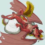  anthro balls bean_bag chain collar dragon erection horn invalid_color knot looking_at_viewer lying male membranous_wings nude penis pose presenting red_body scales simple_background smile solo tag tail_between_legs wings yellow_eyes 