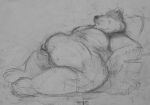  anthro bd belly big_belly black_and_white canine fur holding_belly lying male mammal monochrome navel nude obese overweight overweight_male pencil_(artwork) puffed_cheeks sketch solo traditional_media_(artwork) 