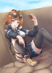  black_legwear boots brown_hair collared_shirt commentary denim denim_shorts doughnut eyebrows_visible_through_hair fence food girls_frontline grizzly_mkv_(girls_frontline) gun handgun holding holding_gun holding_weapon jacket looking_at_viewer potato_tacos purple_eyes shirt shorts sitting thighhighs weapon white_shirt zettai_ryouiki 