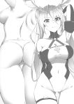  1girl arm_behind_head ass ass_visible_through_thighs back bangs bare_back bradamante_(fate/grand_order) braid breasts cleavage covered_navel cowboy_shot crown_braid dantes_ward elbow_gloves eyebrows_visible_through_hair fate/grand_order fate_(series) from_behind gloves gluteal_fold greyscale hair_between_eyes halterneck highleg highleg_leotard highres large_breasts leotard long_hair looking_at_viewer monochrome multiple_views panties pussy sideboob smile thigh_gap thighhighs thong topless twintails underwear very_long_hair 