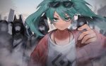  alternate_costume aqua_eyes aqua_hair bomber_jacket commentary_request earrings eyewear_on_head green_eyes green_hair hatsune_miku jacket jewelry long_hair looking_at_viewer shou_(hanasakukoroni) suna_no_wakusei_(vocaloid) sunglasses twintails upper_body vocaloid 