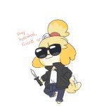  &lt;3 2018 alternate_costume animal_crossing anthro canine clothing dialogue dog english_text eyewear female hand_in_pocket isabelle_(animal_crossing) jacket jeans knife mammal nintendo pants pose shih_tzu simple_background smile solo standing sunglasses text video_games weeeeps white_background 