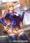  blazer blonde_hair blurry blurry_background bow breasts cowboy_shot hand_on_hip jacket large_breasts lips long_hair looking_at_viewer nakiri_erina navy_blue_legwear nudtawut_thongmai parted_lips patreon_username pleated_skirt purple_eyes school_uniform shokugeki_no_souma skirt solo standing thighhighs tootsuki_saryou_ryouri_gakuen_uniform watermark zettai_ryouiki 