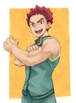  :d bandaid bandaid_on_nose biceps clenched_hand cowboy_shot flexing hairo_kineshi looking_at_viewer male_focus multicolored_hair muscle open_mouth orange_background orange_eyes pose red_hair saiki_kusuo_no_psi_nan school_uniform sleeves_rolled_up smile solo spiked_hair sweat thick_eyebrows torakichi_(ebitendon) twitter_username two-tone_hair v-shaped_eyebrows yellow_background 