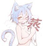  animal_ears blue_hair blush breasts cat_ears cat_tail cleavage embarrassed fang large_breasts looking_at_viewer nose_blush nude one_eye_closed original ryota_tentei short_hair smile soles solo steam tail tora_tentei towel upper_body wet white_background white_towel yellow_eyes 
