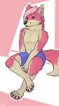  2018 canine clothing front_view fur lazzie lazziewuff looking_at_viewer male mammal neck_tuft paws pink_fur pose solo tuft underwear wolf 