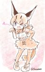  ;d animal_ears belt blue_eyes blush bow bowtie brown_gloves brown_hair brown_neckwear brown_skirt caracal_(kemono_friends) caracal_ears caracal_tail commentary elbow_gloves extra_ears eyebrows_visible_through_hair full_body gloves hand_on_hip hand_up heart high-waist_skirt highres kemono_friends long_hair looking_at_viewer one_eye_closed open_mouth panzuban paw_pose shirt skirt sleeveless sleeveless_shirt smile solo spotted_hair tail thighhighs twitter_username white_belt zettai_ryouiki 