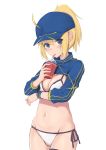  ahoge artoria_pendragon_(all) bangs bendy_straw bikini blonde_hair blue_eyes blue_hat blue_jacket blush breasts cleavage closed_mouth commentary_request cup disposable_cup drinking drinking_straw eyebrows_visible_through_hair fate/grand_order fate_(series) flat_cap groin hair_between_eyes hair_through_headwear hat head_tilt high_ponytail highres holding holding_cup jacket jilu long_sleeves looking_at_viewer medium_breasts mysterious_heroine_xx_(foreigner) navel ponytail shrug_(clothing) side-tie_bikini simple_background solo swimsuit white_background white_bikini 