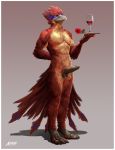  2018 alcohol amon-sydonai avian balls beverage butler claws clothed clothing cup erection feathers flower looking_at_viewer male nude penis plant plate solo topless wine 