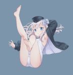 armpits ass bangs barefoot blue_eyes blush commentary_request emia_wang eyebrows_visible_through_hair feet garrison_cap hair_between_eyes hair_ornament hair_ribbon hat kantai_collection legs legs_up long_hair long_sleeves looking_at_viewer one-piece_swimsuit open_mouth puffy_long_sleeves puffy_sleeves ribbon simple_background solo swimsuit swimsuit_under_clothes thighs u-511_(kantai_collection) white_hair 