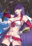  abs bangs bare_shoulders bikini blue_eyes blunt_bangs blush breasts choker cleavage collarbone commentary_request cross earrings elbow_gloves fate/grand_order fate_(series) frilled_bikini frills gauntlets gloves hand_on_hip hips jewelry k_jin large_breasts long_hair looking_at_viewer muscle muscular_female navel open_mouth purple_hair red_gloves rock saint_martha saint_martha_(swimsuit_ruler)_(fate) solo straight_hair swimsuit thigh_strap thighs uppercut white_bikini 