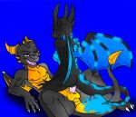  2012 anthro anthro_on_anthro balls black_skin blue_background blue_eyes breasts claws cowgirl_position cum cum_in_pussy cum_inside dragon duo erection female female_on_top flame_tail glowing horn male male/female male_penetrating markings nightshade on_top open_mouth penetration penis sex shalonesk simple_background smile teeth vaginal vaginal_penetration wedger wings yellow_skin 