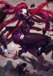  armored_boots bodysuit boots breasts covered_navel dual_wielding duto fate/grand_order fate_(series) gae_bolg grey_background hair_intakes highres holding holding_weapon large_breasts long_hair looking_at_viewer pauldrons polearm purple_bodysuit purple_hair red_eyes scathach_(fate)_(all) scathach_(fate/grand_order) shattering shoulder_armor spear stone weapon 
