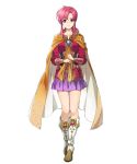  bangs boots breasts cape closed_mouth collarbone ethlin_(fire_emblem) fire_emblem fire_emblem:_seisen_no_keifu fire_emblem_heroes full_body highres kaya8 knee_boots long_hair long_sleeves looking_at_viewer medium_breasts official_art parted_bangs pink_eyes pink_hair pleated_skirt shiny shiny_hair sidelocks skirt smile solo standing transparent_background 