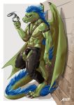  2018 amber_eyes amon-sydonai blue_fur bulge claws collar dariex dragon eyewear fangs fur glasses handcuffs harness leather looking_at_viewer male melee_weapon muscular naughty_face scales scalie shackles slit_pupils solo suggestive sword weapon wings 