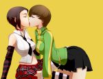  absurdres arm_warmers between_breasts black_hair black_neckwear bob_cut breasts brown_hair choker closed_eyes facing_another french_kiss green_jacket highres jacket kiss m-a-v-e-r-i-c-k marie_(persona_4) multiple_girls necktie necktie_between_breasts non-web_source persona persona_4 persona_4_the_golden plaid plaid_skirt pleated_skirt print_skirt profile satonaka_chie shirt short_hair simple_background skirt sleeveless sleeveless_shirt socks striped striped_legwear thighhighs tongue tongue_out track_jacket yellow_background yuri 