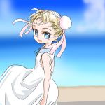  alternate_costume blonde_hair blue_eyes bun_cover chrono_cross cloud commentary_request day double_bun dress looking_at_viewer marcy_(chrono_cross) outdoors s-a-murai short_hair sky smile solo standing 