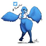  2019 anthro avian beak big_breasts bird blokfort blue_eyes blue_feathers breasts clothed clothing digital_media_(artwork) feathers female looking_at_viewer meme open_mouth shirt simple_background smile solo tweetfur twitter under_boob wings 