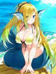  absurdres animal_ears bare_arms bare_shoulders bikini black_ribbon blue_eyes blush breasts cleavage closed_mouth commentary_request eyebrows_visible_through_hair eyes_visible_through_hair gradient_hair green_hair hair_ribbon halterneck head_fins highres large_breasts long_hair looking_at_viewer matsunoki_(unknown_751) mermaid monster_girl multicolored_hair navel ocean original ponytail ribbon sand sitting smile solo swimsuit very_long_hair waves yellow_bikini 