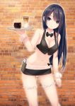  bangs bare_shoulders black_hair blush bow bowtie breasts brick_wall cleavage cleavage_cutout coffee-kizoku commentary_request crop_top cup detached_collar drinking_glass eyebrows_visible_through_hair frills highres holding holding_tray leg_garter long_hair looking_at_viewer medium_breasts midriff miniskirt navel open_mouth original pouch purple_eyes shiramine_rika skirt solo standing tray waitress wall wrist_cuffs 